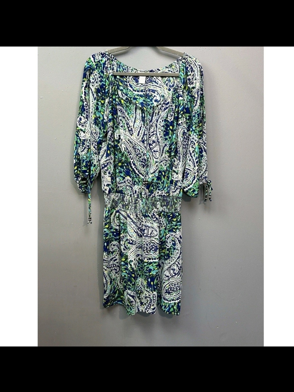 Cache Dress Womens Large Blue Paisley Keyhole Slit Sleeve Smock Waist Blouson